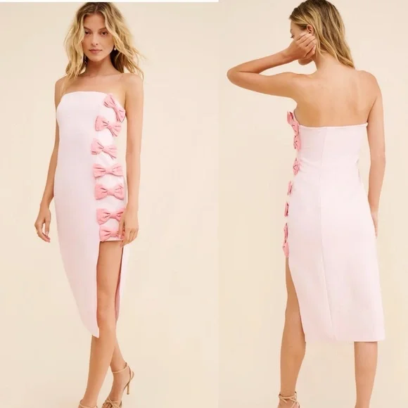 knee length dresses for ladies Sachin & Babi Blaine Strapless Bow Taffeta Midi Dress – katie + hubbell main image 0